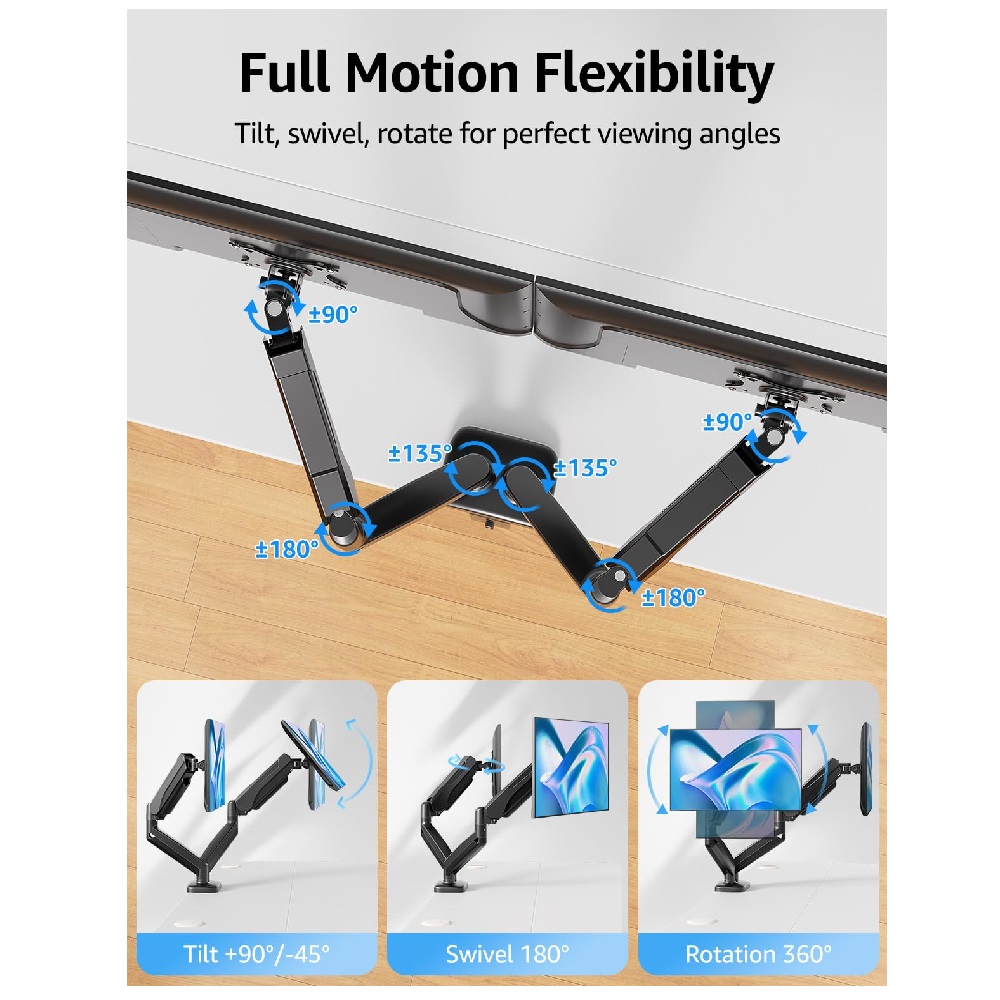 Dual Monitor Stand for Desk, Gas Spring, Adjustable Double Monitor Mount.