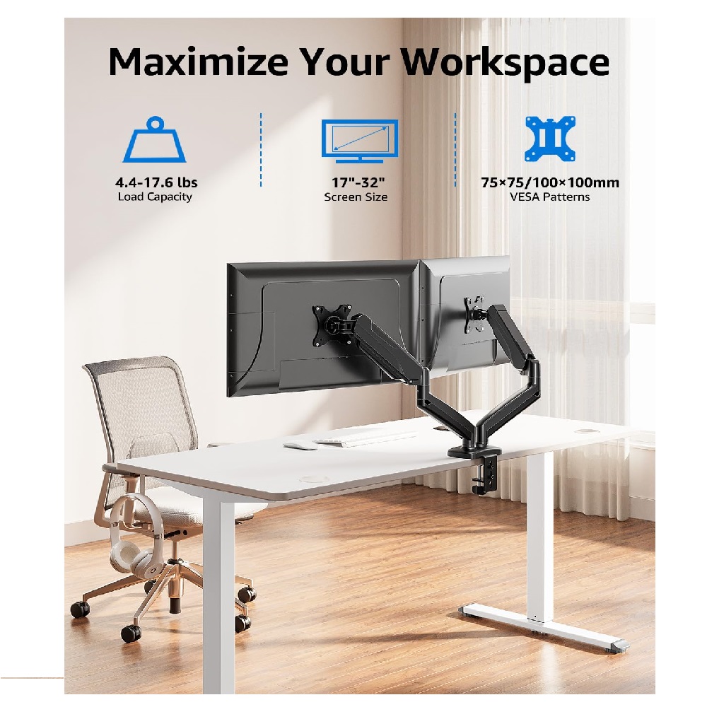Dual Monitor Stand for Desk, Gas Spring, Adjustable Double Monitor Mount.