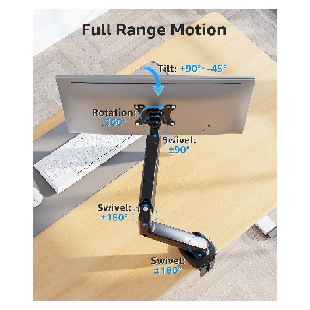 Single Monitor Arm Gas Spring for 13”-32” Screen, Monitor Desk Mount.