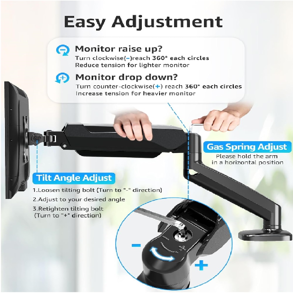 Single Monitor Arm Gas Spring for 13”-32” Screen, Monitor Desk Mount.